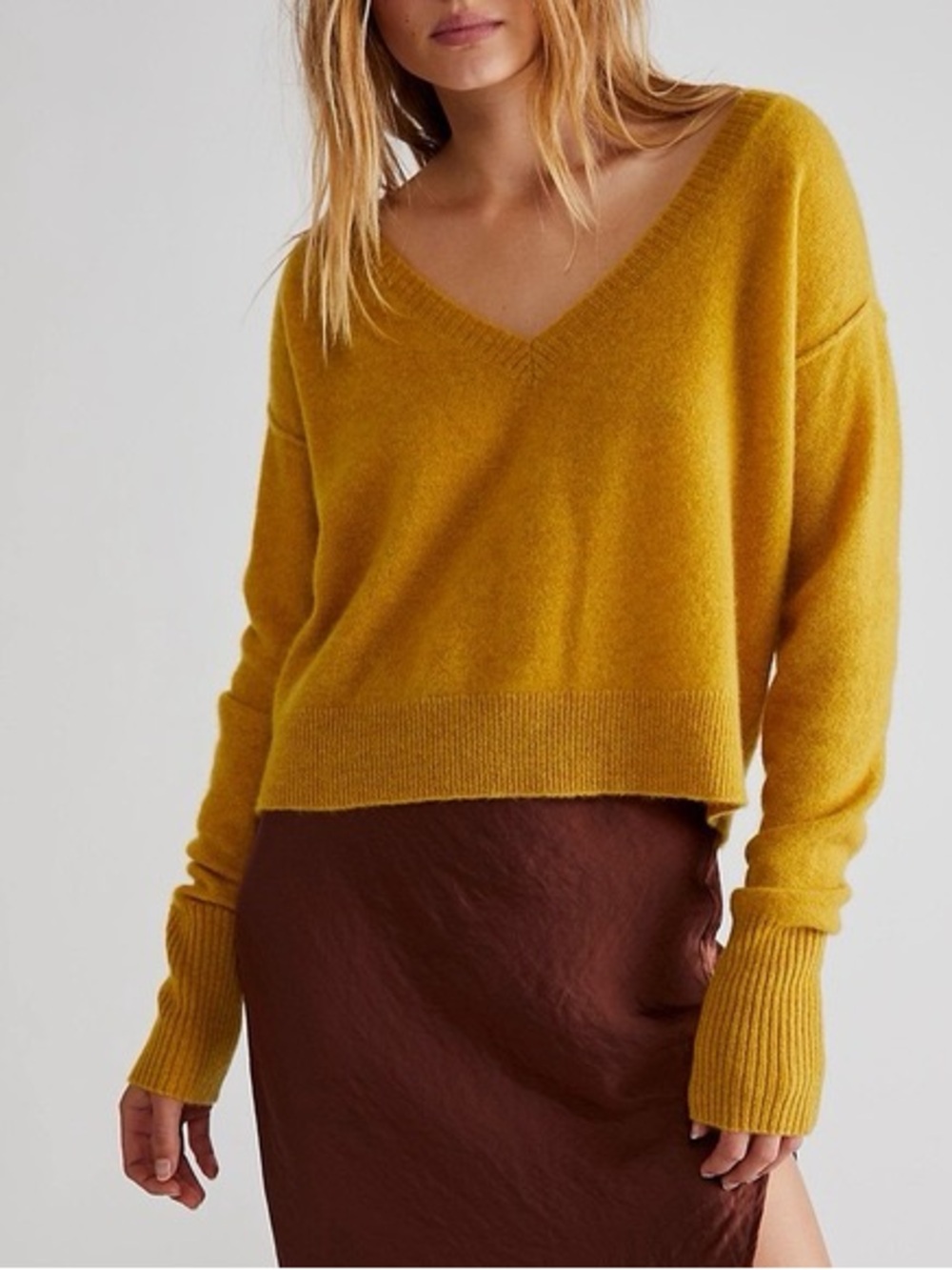 Free People V-Neck Sweater in Mustard Yellow